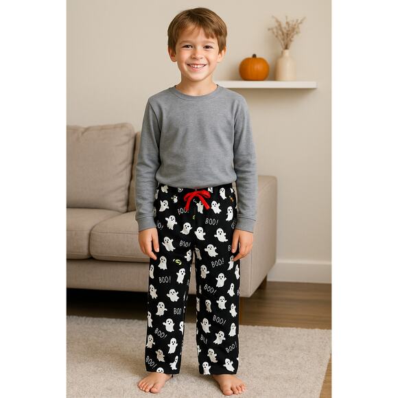 Kids Halloween Pajama Pants Ghost Print Size L (10-12) Black Boo Flame Resistant - Picture 1 of 6
